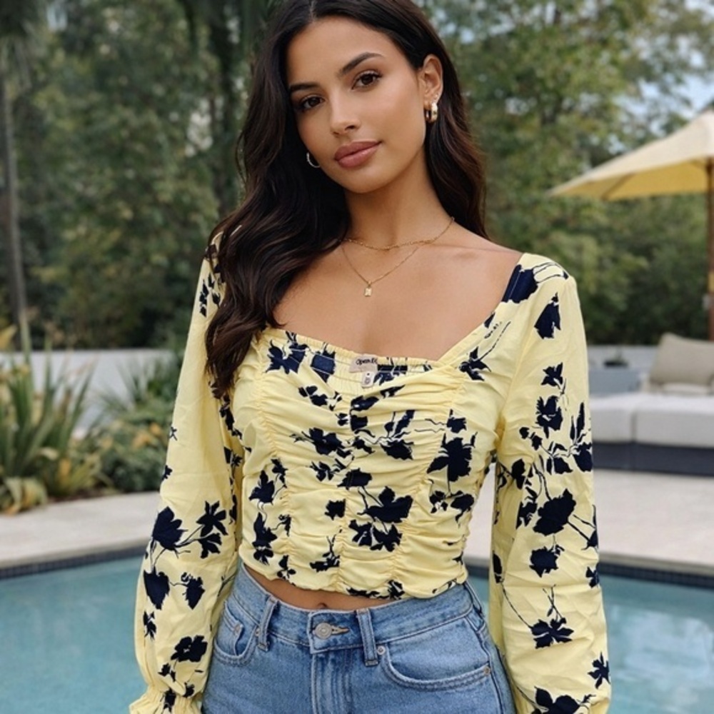 Open Edit Yellow Black Floral Smocked Ruched Crop Top Size Small Trendy